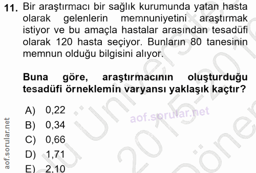 11. soru: Bir araştırmacı bir sağlık kurumunda yatan hasta olarak gelenlerin memnuniyetini araştırmak istiyor ve bu amaçla hast…