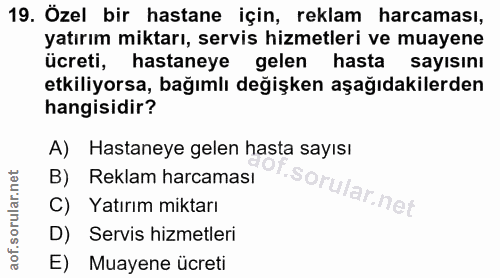 19. soru: Özel bir hastane için, reklam harcaması, yatırım miktarı, servis hizmetleri ve muayene ücreti, hastaneye gelen hasta…