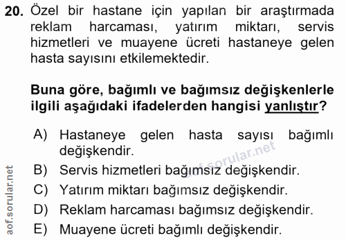 20. soru: Özel bir hastane için yapılan bir araştırmada reklam harcaması, yatırım miktarı, servis hizmetleri ve muayene ücreti…