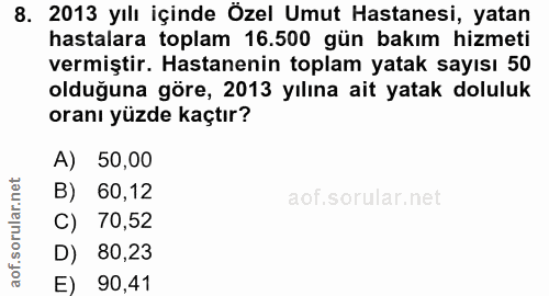 8. soru: 2013 yılı içinde Özel Umut Hastanesi, yatan hastalara toplam 16.500 gün bakım hizmeti vermiştir. Hastanenin toplam ya…