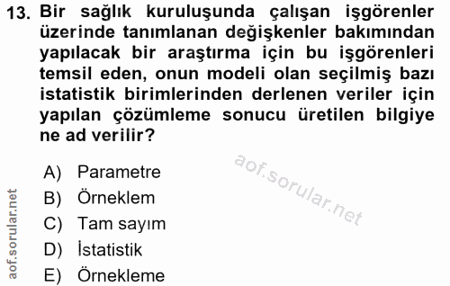13. soru: Bir sağlık kuruluşunda çalışan işgörenler üzerinde tanımlanan değişkenler bakımından yapılacak bir araştırma için bu…