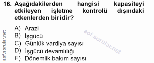 16. soru: Aşağıdakilerden hangisi kapasiteyi etkileyen işletme kontrolü dışındaki etkenlerden biridir? A) Arazi B) Işgücü C) Gü…