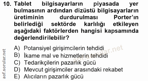 10. soru: Tablet bilgisayarların piyasada yer bulmasının ardından dizüstü bilgisayarların üretiminin durdurulması Porter'in bel…