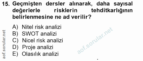 15. soru: Geçmişten dersler alınarak, daha sayısal değerlerle risklerin tehditkarlığının belirlenmesine ne ad verilir? A) Nitel…