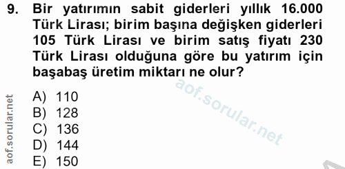 9. soru: Bir yatırımın sabit giderleri yıllık 16.000 Türk Lirası; birim başına değişken giderleri 105 Türk Lirası ve birim sat…
