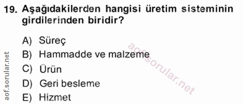 19. soru: Aşağıdakilerden hangisi üretim sisteminin girdilerinden biridir? A) Süreç corillar net B) Hammadde ve malzeme C) Ürün…