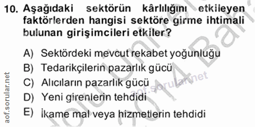 10. soru: Aşağıdaki sektörün kârlılığınıetkileyen faktörlerden hangisi sektöre girme ihtimali bulunan girişimcileri etkiler? A)…