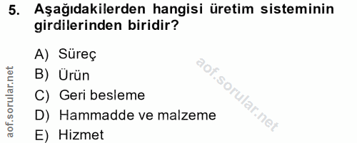 5. soru: Aşağıdakilerden hangisi üretim sisteminin girdilerinden biridir? A) Süreç B) Ürün C) Geri besleme D) Hammadde ve malz…
