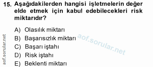 15. soru: Aşağıdakilerden hangisi işletmelerin değer elde etmek için kabul edebilecekleri risk miktarıdır? B) Başarısızlık mikt…