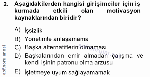2. soru: Aşağıdakilerden hangisi girişimciler için iş kurmada etkili olan motivasyon kaynaklarından biridir? A) İşsizlik B) Yö…