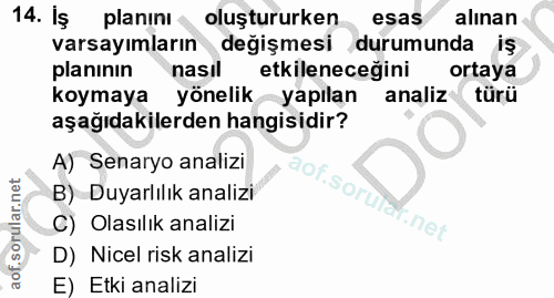 14. soru: Iş planinı oluştururken esas alınan varsayımların değişmesi durumunda iş planının nasil etkileneceğini ortaya koymaya…