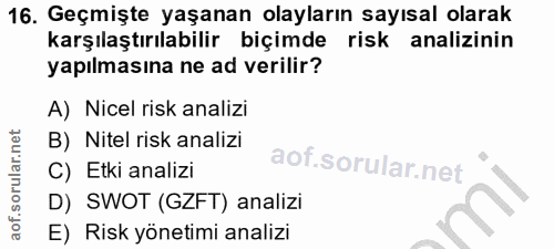 16. soru: Geçmişte yaşanan olayların sayısal olarak karşılaştırılabilir biçimde risk analizinin yapılmasına ne ad verilir? A) N…
