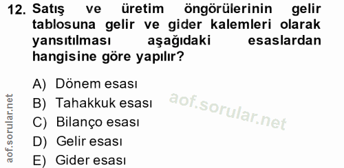 12. soru: Satış ve üretim öngörülerinin gelir tablosuna gelir ve gider kalemleri olarak yansıtılması aşağıdaki esaslardan hangi…