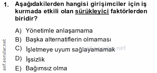 1. soru: Aşağıdakilerden hangisi girişimciler için iş kurmada etkili olan sürükleyici faktörlerden biridir? A) Yönetimle anlaş…