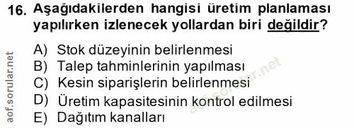 16. soru: Aşağıdakilerden hangisi üretim planlaması yapılırken izlenecek yollardan biri değildir? A) Stok düzeyinin belirlenmes…