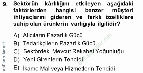 9. soru: Sektörün kârlılığını etkileyen aşağıdaki faktörlerden hangisi benzer müşteri ihtiyaçlarını gideren ve farklı özellikl…
