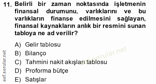 11. soru: Belirli bir zaman noktasında işletmenin finansal durumunu, varlıklarını ve bu varlıkların finanse edilmesini sağlayan…