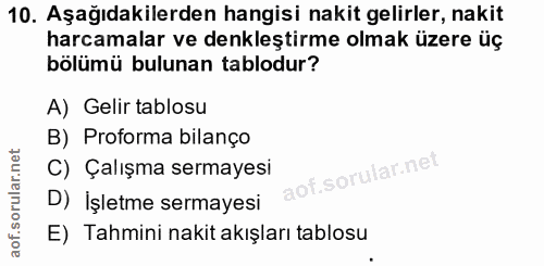 10. soru: Aşağıdakilerden hangisi nakit gelirler, nakit harcamalar ve denkleştirme olmak üzere üç bölümü bulunan tablodur? A) G…