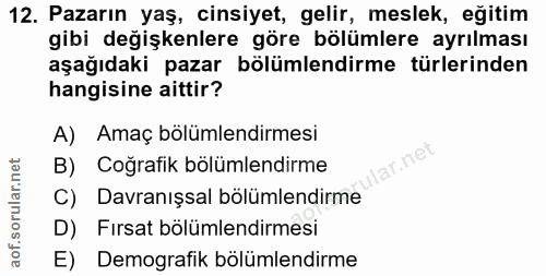 12. soru: Pazarın yaş, cinsiyet, gelir, meslek, eğitim gibi degişkenlere göre bölümlere ayrılması aşağıdaki pazar bölümlendirme…