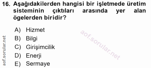 16. soru: Aşağıdakilerden hangisi bir işletmede üretim sisteminin çıktıları arasında yer alan ögelerden biridir? A) Hizmet B) B…