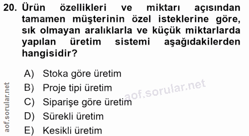 20. soru: Ürün özellikleri ve miktarı açısından tamamen müşterinin özel isteklerine göre, sık olmayan aralıklarla ve küçük mikt…