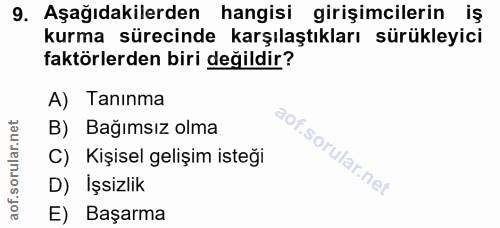 9. soru: Aşağıdakilerden hangisi girişimcilerin iş kurma sürecinde karşılaştıkları sürükleyici faktörlerden biri değildir? A)…