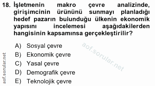 18. soru: İşletmenin makro çevre analizinde, girişimcinin ürününü sunmayı planladığı hedef pazarın bulunduğu ülkenin ekonomik y…