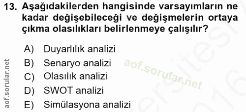 13. soru: Aşağıdakilerden hangisinde varsayımların ne kadar değişebileceği ve değişmelerin ortaya çıkma olasılıkları belirlenme…