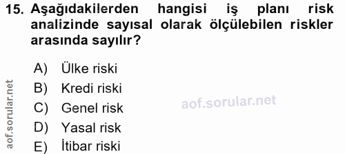 15. soru: Aşağıdakilerden hangisi iş planı risk analizinde sayısal olarak ölçülebilen riskler arasında sayılır? A) Ülke riski B…