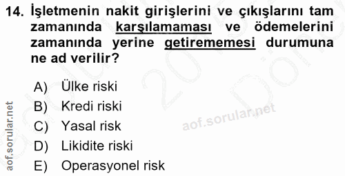 14. soru: İşletmenin nakit girişlerini ve çıkışlarını tam zamanında karşılamaması ve ödemelerini zamanında yerine getirememesi…