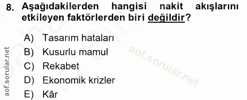 8. soru: Aşağıdakilerden hangisi nakit akışlarını etkileyen faktörlerden biri değildir? A) Tasarım hataları B) Kusurlu mamul C…