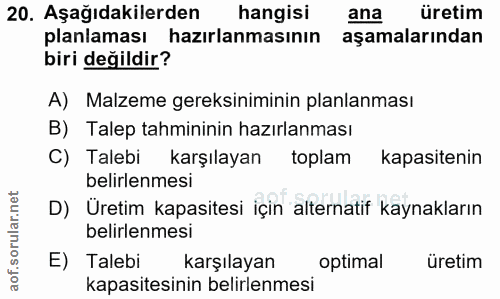 20. soru: Aşağıdakilerden| hangisi ana üretim planlaması hazırlanmasının aşamalarından biri değildir? A) Malzeme gereksiniminin…