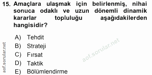 15. soru: Amaçlara ulaşmak için belirlenmiş, nihai sonuca odaklı ve uzun dönemli dinamik kararlar topluluğu aşağıdakilerden han…