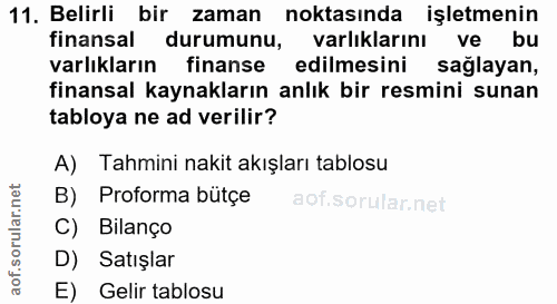 11. soru: Belirli bir zaman noktasında işletmenin finansal durumunu, varlıklarını ve bu varlıkların finanse edilmesini sağlayan…