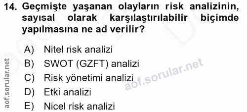 14. soru: Geçmişte yaşanan olayların risk analizinin, sayısal olarak karşılaştırılabilir biçimde yapılmasına ne ad verilir? A)…