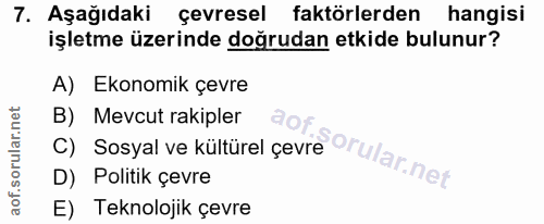 7. soru: Aşağıdaki çevresel faktörlerden hangisi işletme üzerinde doğrudan etkide bulunur? A) Ekonomik çevre C) Sosyal ve kült…
