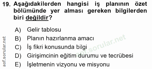 19. soru: Aşağıdakilerden hangisi iş planının özet bölümünde yer alması gereken bilgilerden biri değildir? A) Gelir tablosu B)…