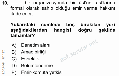10. soru: -- bir organizasyonda bir üstün, astlarına formal olarak sahip olduğu emir verme hakkını ifade eder. Yukarıdaki cümle…