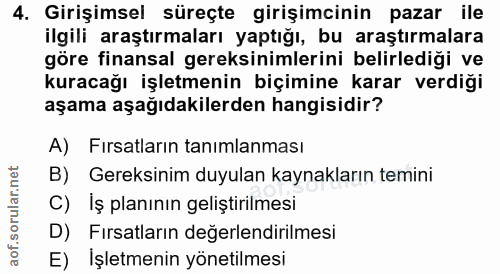 4. soru: Girişimsel süreçte girişimcinin pazar ile ilgili araştırmaları yaptığı, bu araştırmalara göre finansal gereksinimleri…
