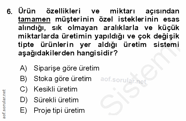 6. soru: Urün özellikleri ve miktarı açısından tamamen müşterinin özel isteklerinin esas alındığı, sık olmayan aralıklarla ve…