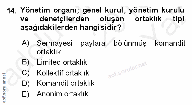 14. soru: Yönetim organı; genel kurul, yönetim kurulu ve denetçilerden oluşan ortaklık tipi aşağıdakilerden hangisidir? A) Serm…