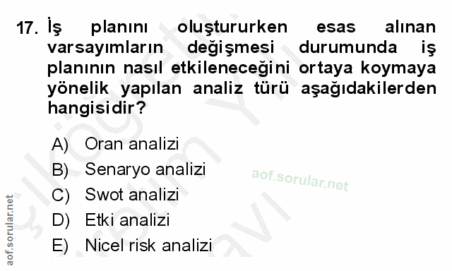 17. soru: İş planını oluştururken esas alınan varsayimların değişmesi durumunda iş planının nasıl etkilenecegini ortaya koymaya…
