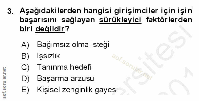 3. soru: Aşağıdakilerden hangisi girişimciler için işin başarısını sağlayan sürükleyici faktörlerden biri değildir? A) Bağımsı…