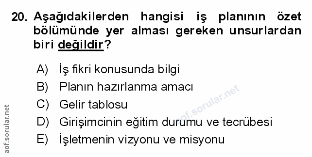 20. soru: Aşağıdakilerden hangisi iş planının özet bölümünde yer alması gereken unsurlardan biri değildir? A) Iş fikri konusund…