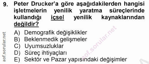 9. soru: Peter Drucker'a göre aşağıdakilerden hangisi işletmelerin yenilik yaratma süreçlerinde kullandığı içsel yenilik kayna…