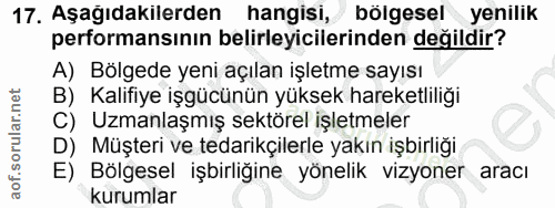 17. soru: Aşağıdakilerden hangisi, bölgesel yenilik performansının belirleyicilerinden değildir? A) Bölgede yeni açılan işletme…