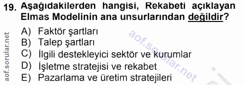 19. soru: Aşağıdakilerden hangisi, Rekabeti açıklayan Elmas Modelinin ana unsurlarından değildir? A) Faktör şartları B) Talep ş…