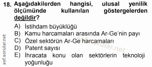 18. soru: Aşağıdakilerden hangisi, ulusal yenilik ölçümünde kullanılan göstergelerden değildir? A) Istihdam büyüklüğü B) Kamu h…