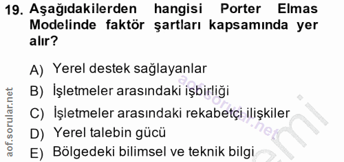 19. soru: Aşağıdakilerden hangisi Porter Elmas Modelinde faktör şartları kapsamında yer alır? A) Yerel destek sağlayanlar B) İş…