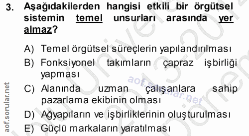 3. soru: Aşağıdakilerden hangisi etkili bir örgütsel sistemin temel unsurları arasında yer almaz? A) Temel örgütsel süreçlerin…